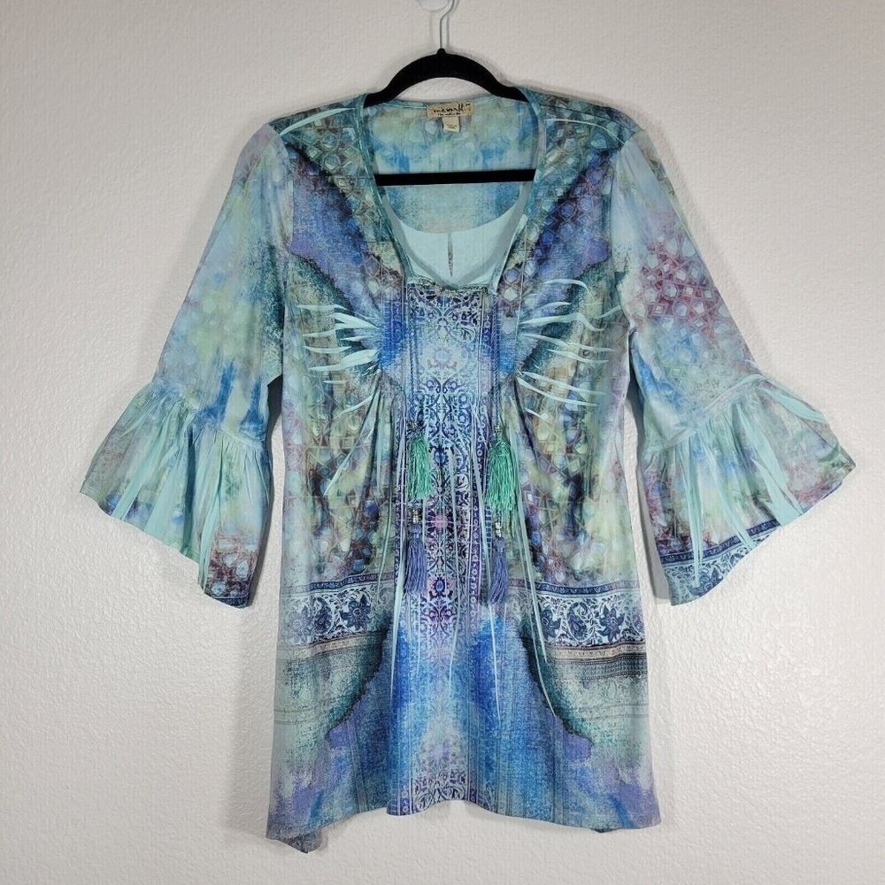 One World Blouse Top Women Medium Tie Dye Bell Sleeve Stretch Boho Artsy Hippie